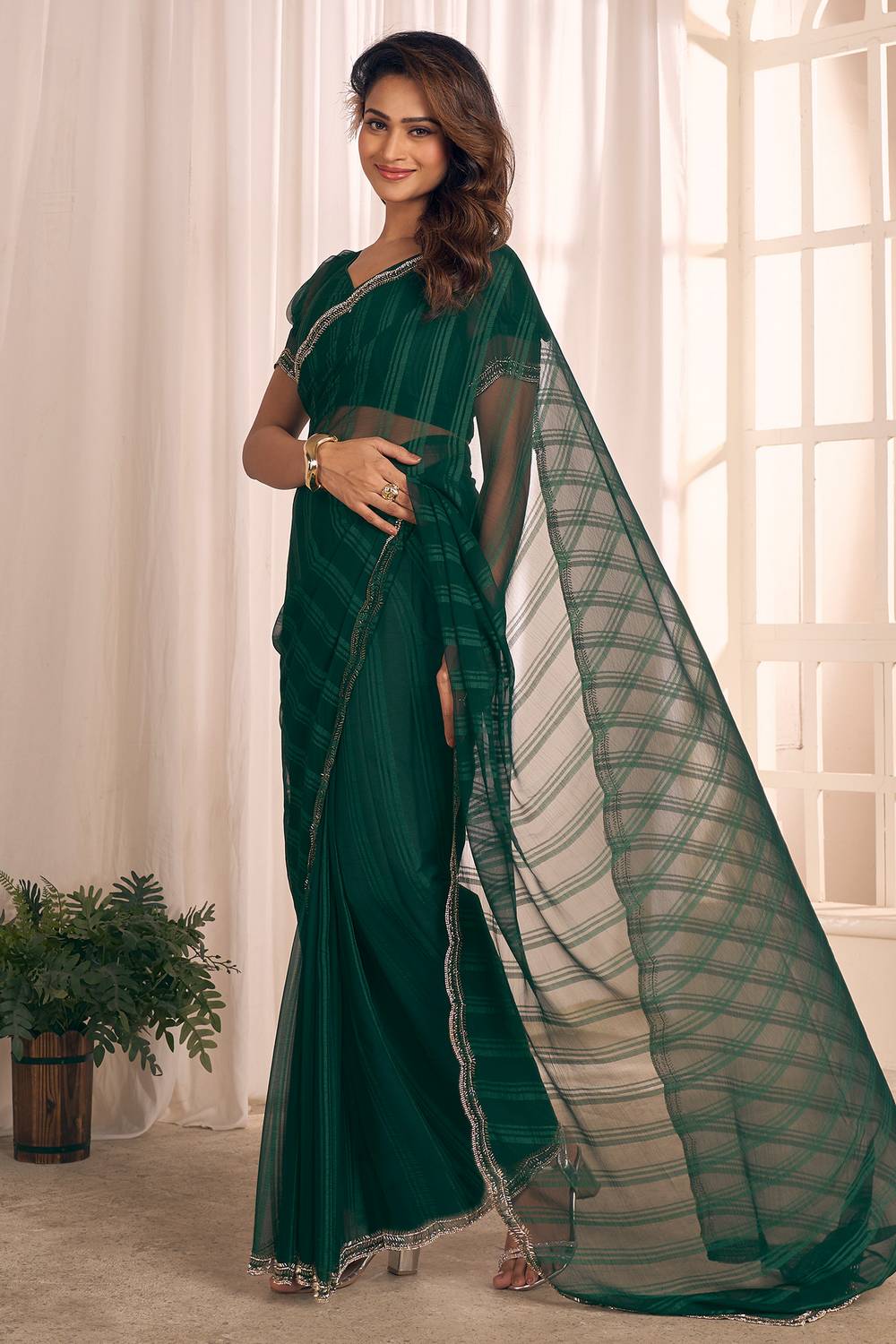 Lana Forest Green Striped Georgette Ready to Wear One Minute Saree