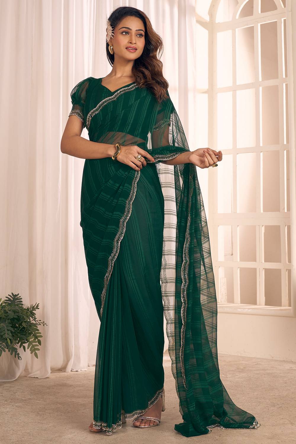 Lana Forest Green Striped Georgette Ready to Wear One Minute Saree