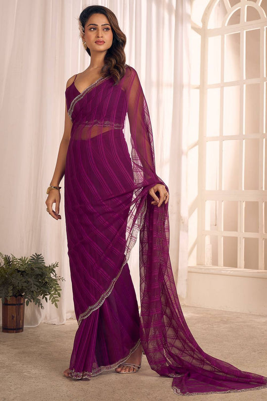 Lana Magenta Striped Georgette Ready to Wear One Minute Saree