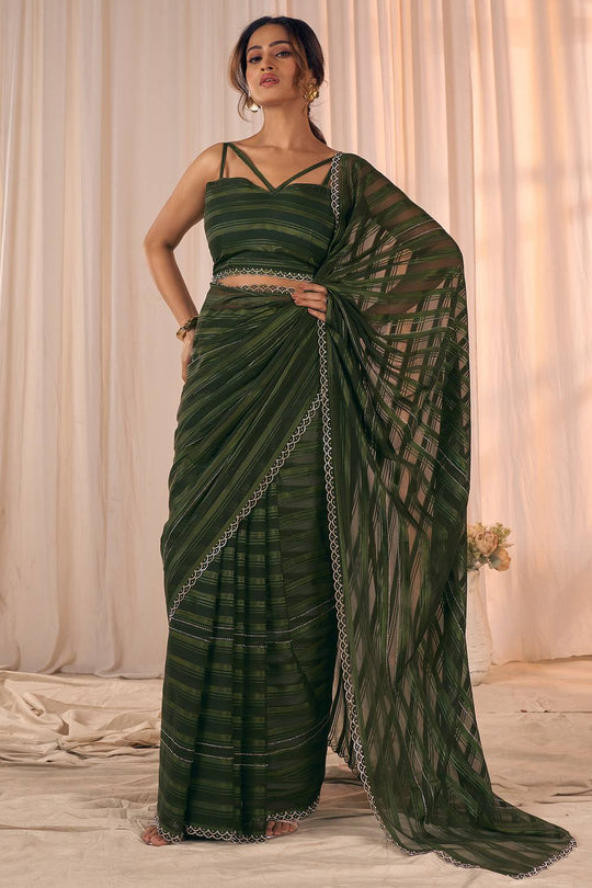Demi Olive Green Georgette Saree with Border Work Ready to Wear One Minute Saree