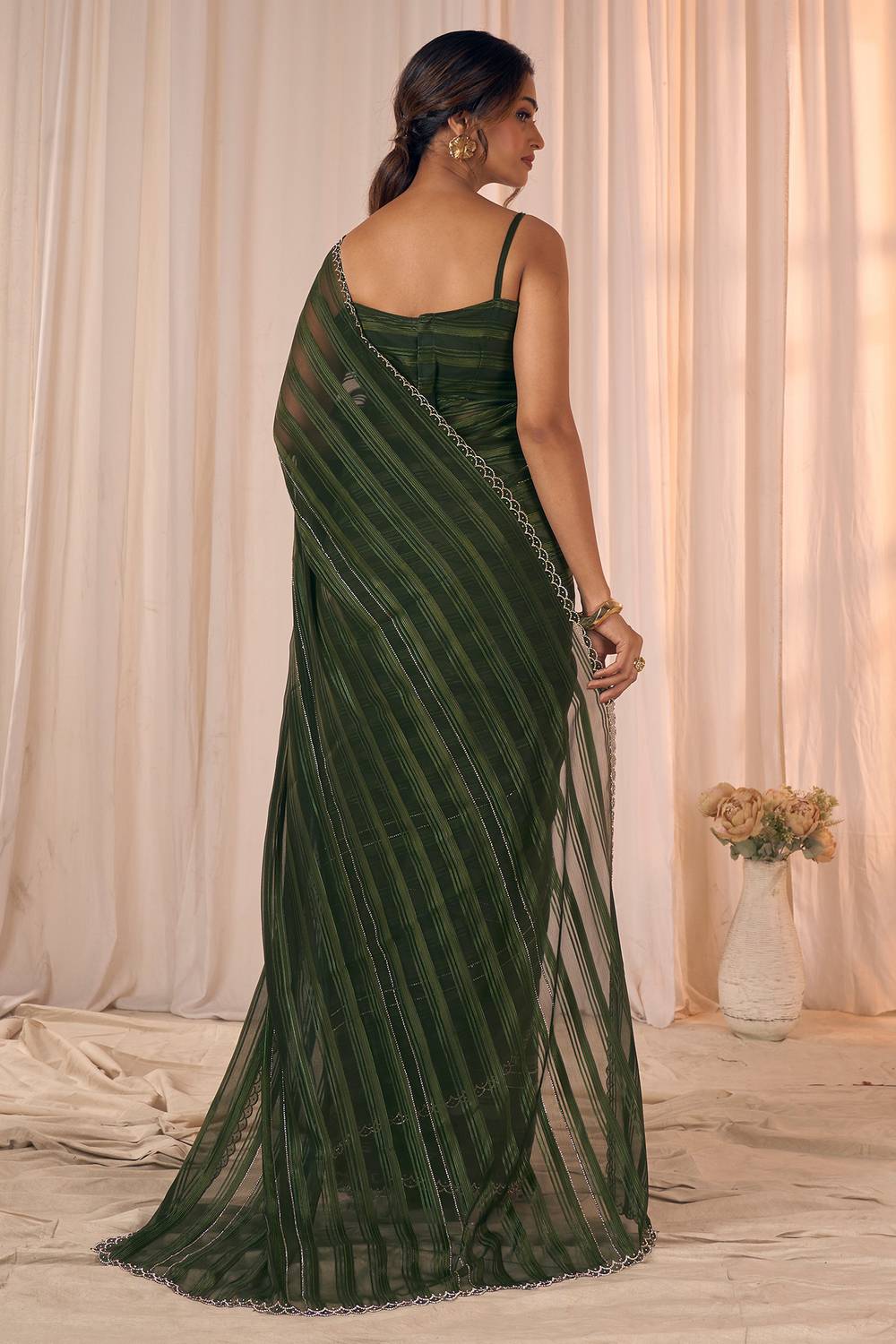 Demi Olive Green Georgette Saree with Border Work Ready to Wear One Minute Saree