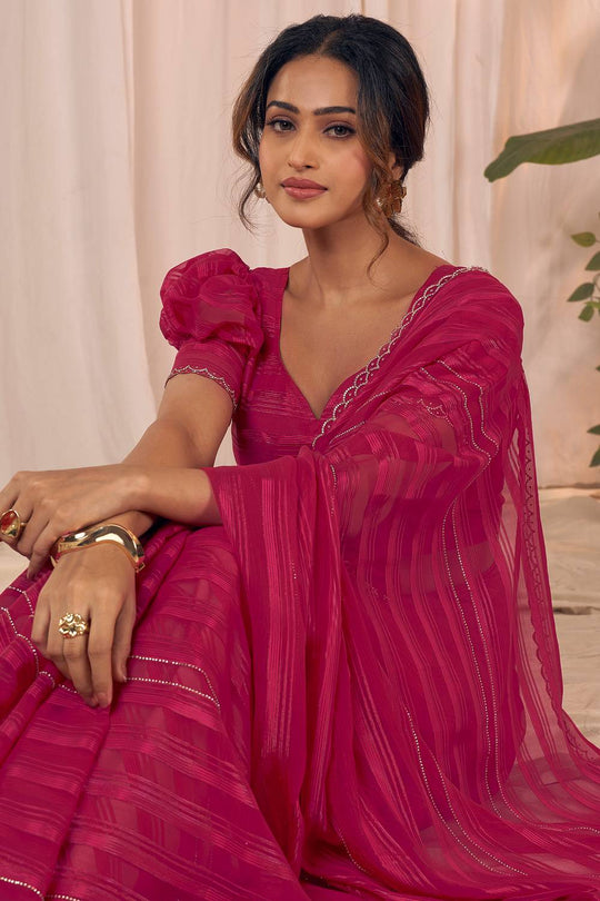 Demi Rani Pink Georgette Saree with Border Work Ready to Wear One Minute Saree