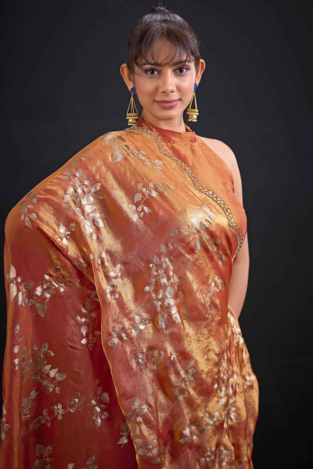 Aura Rust Orange Satin Silk Foil Work Ready to Wear Saree