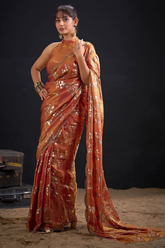 Aura Rust Orange Satin Silk Foil Work Ready to Wear Saree
