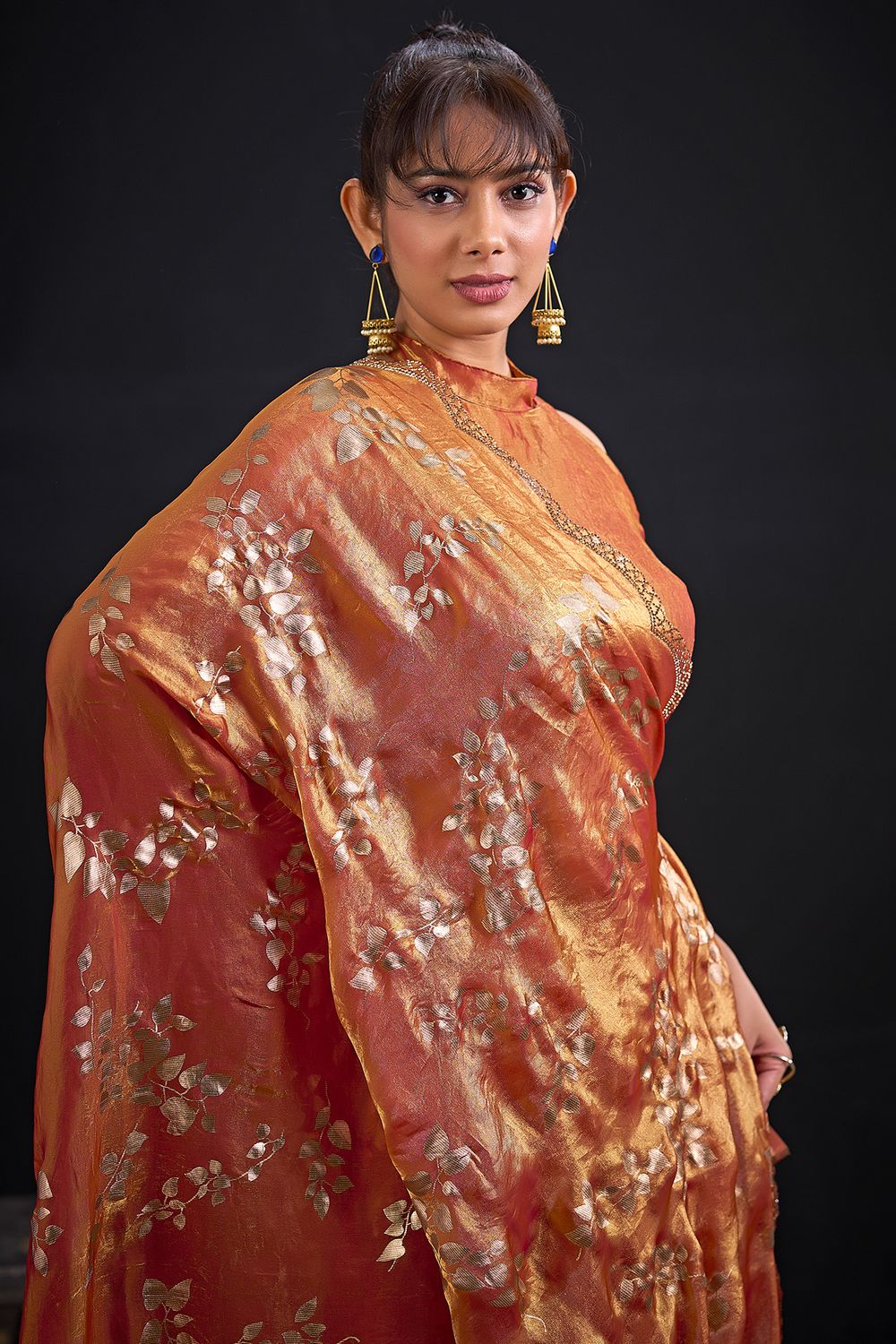 Aura Rust Orange Satin Silk Foil Work Ready to Wear Saree