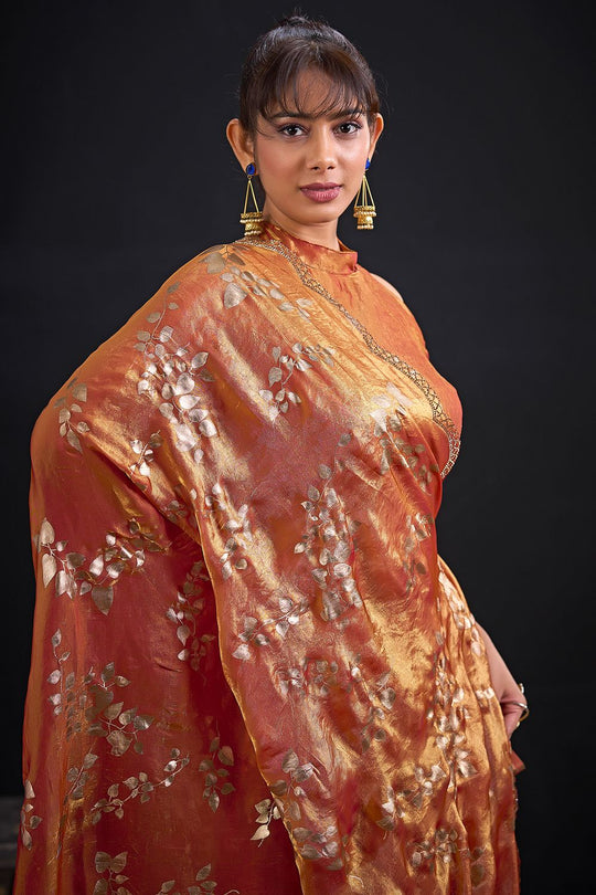 Aura Rust Orange Satin Silk Foil Work Ready to Wear Saree