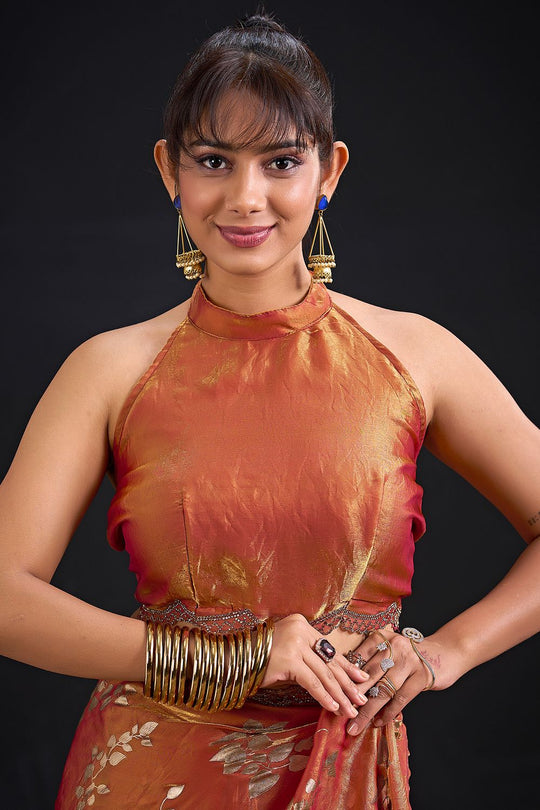Aura Rust Orange Satin Silk Foil Work Ready to Wear Saree