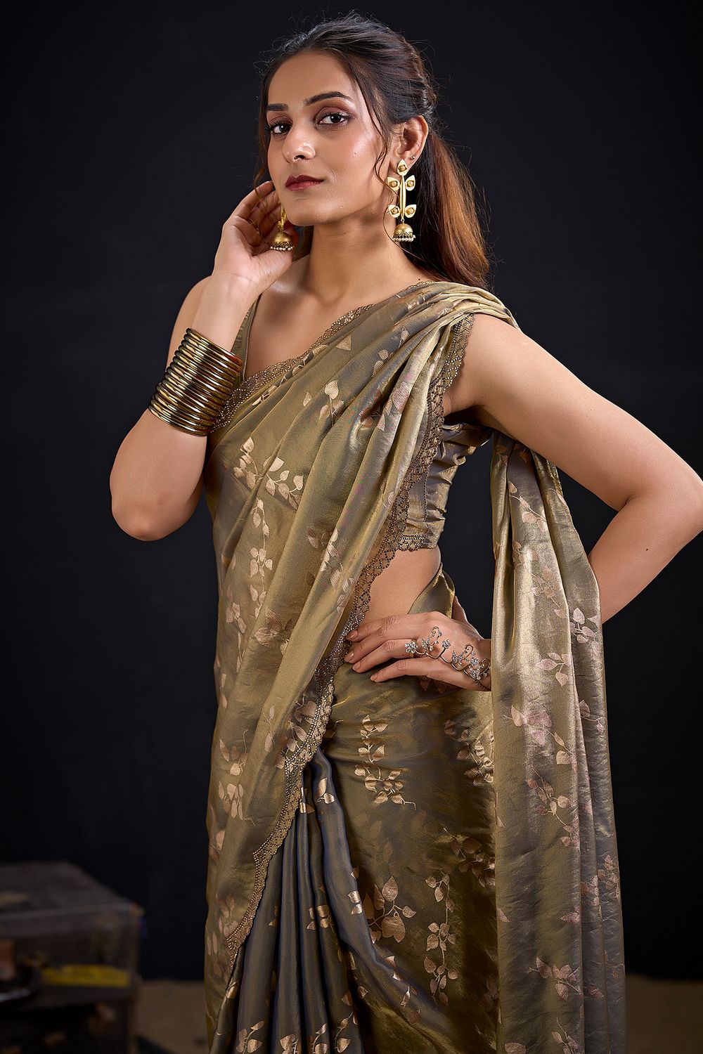 Aura Olive Green Satin Silk Foil Work Ready to Wear One minute Saree