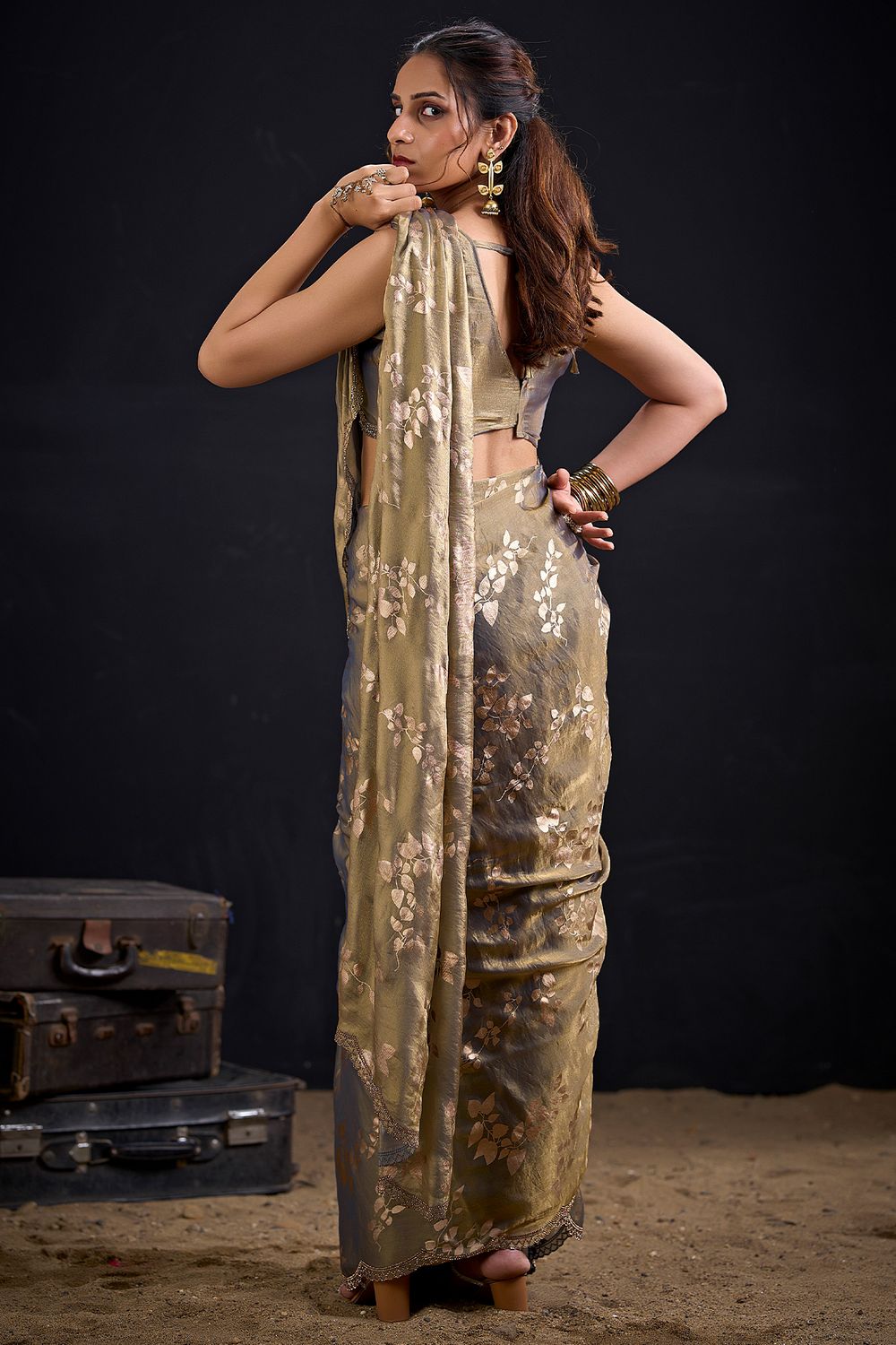Aura Olive Green Satin Silk Foil Work Ready to Wear One minute Saree
