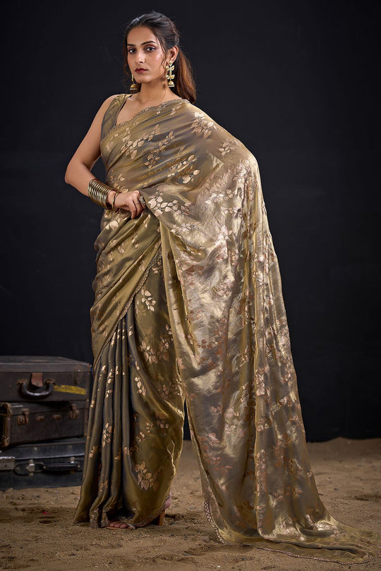 Aura Olive Green Satin Silk Foil Work Ready to Wear One minute Saree