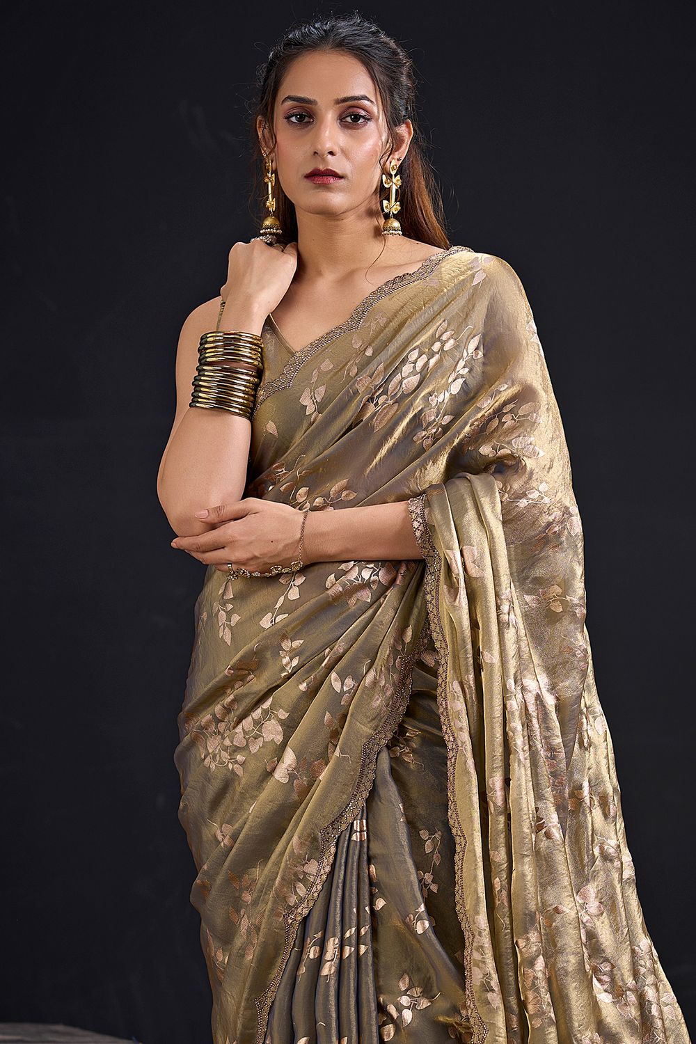 Aura Olive Green Satin Silk Foil Work Ready to Wear One minute Saree