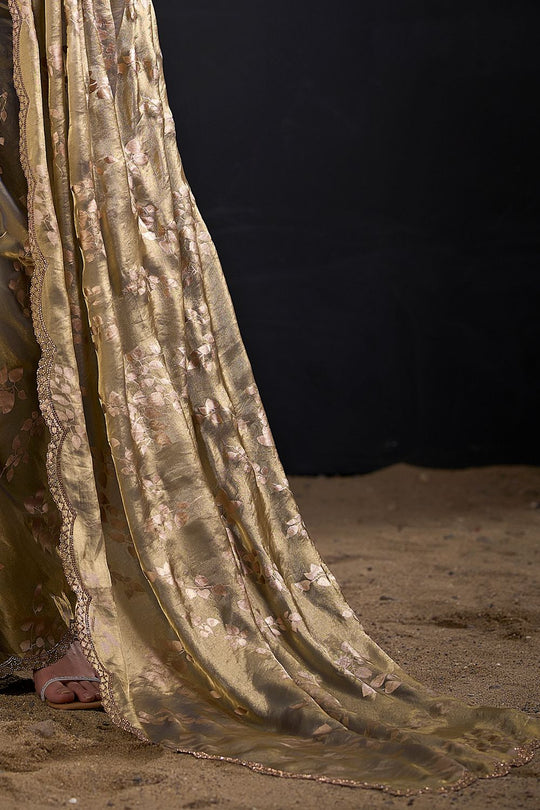 Aura Olive Green Satin Silk Foil Work Ready to Wear One minute Saree