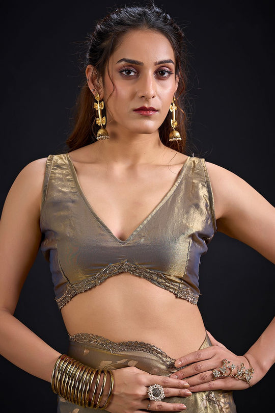 Aura Olive Green Satin Silk Foil Work Ready to Wear One minute Saree