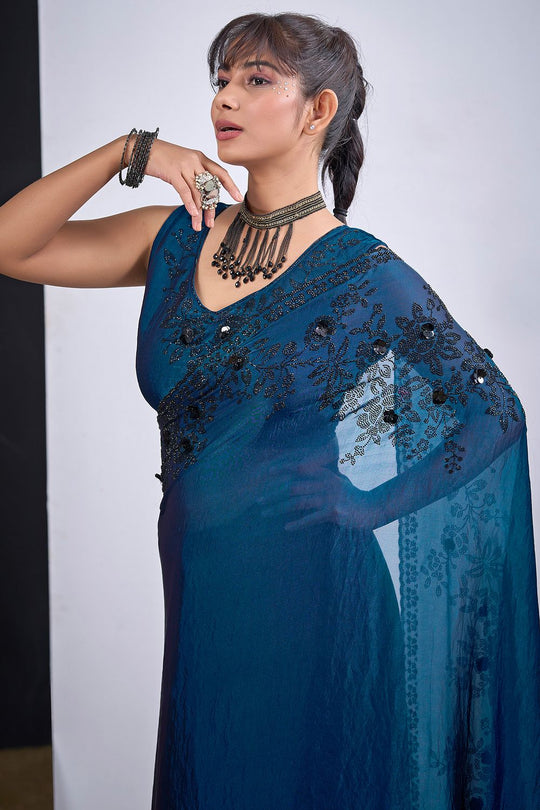 Ida Teal Blue Satin Silk Embellished Ready to Wear Saree