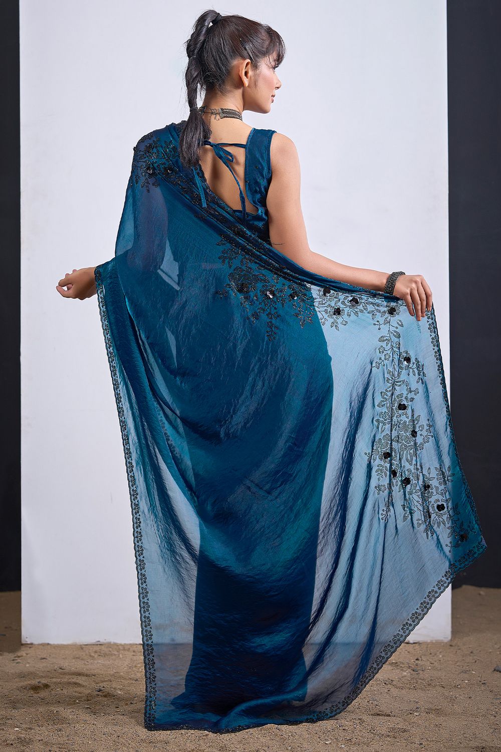Ida Teal Blue Satin Silk Embellished Ready to Wear Saree