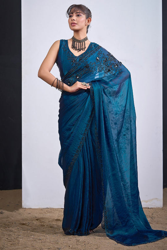 Ida Teal Blue Satin Silk Embellished Ready to Wear Saree