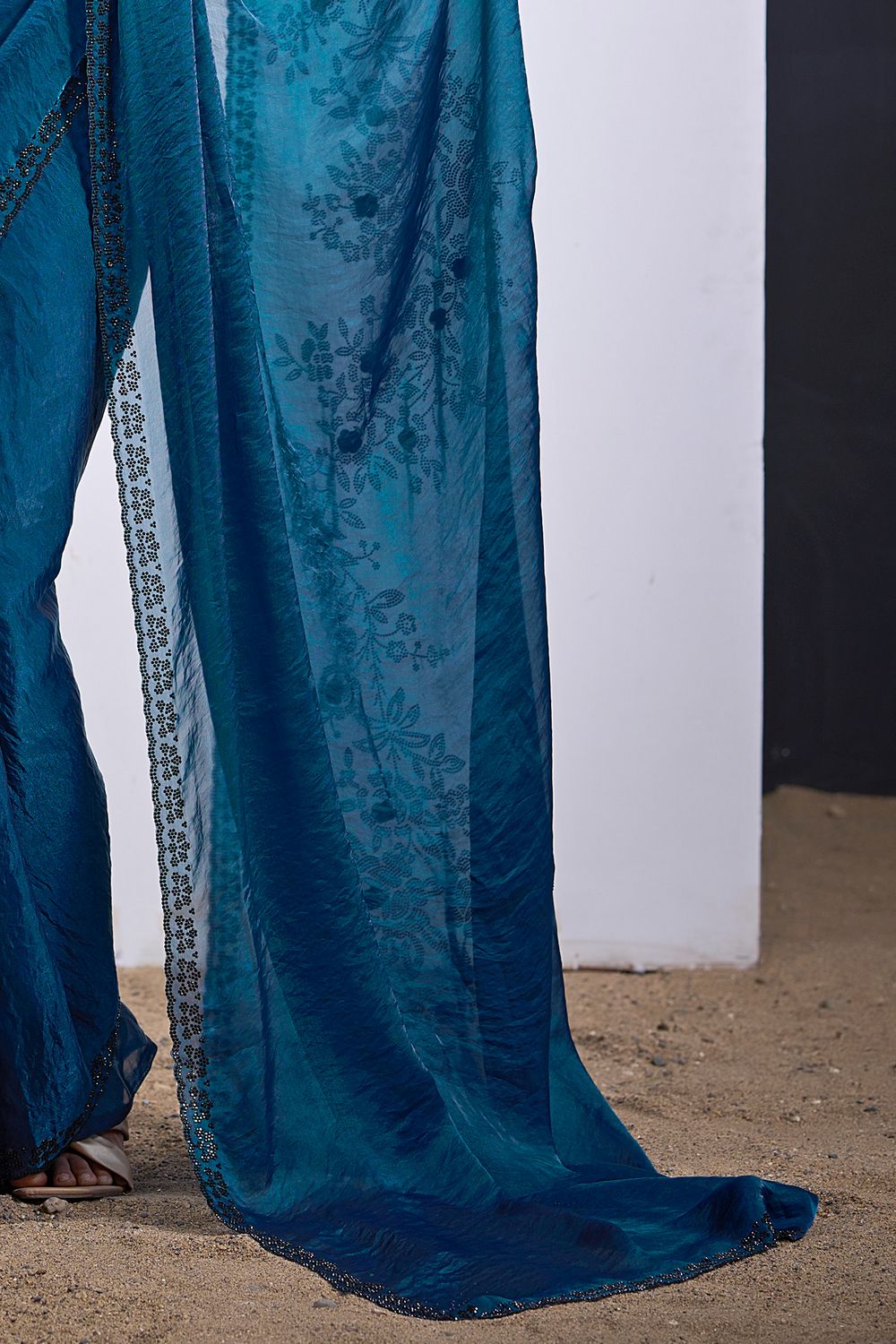 Ida Teal Blue Satin Silk Embellished Ready to Wear Saree
