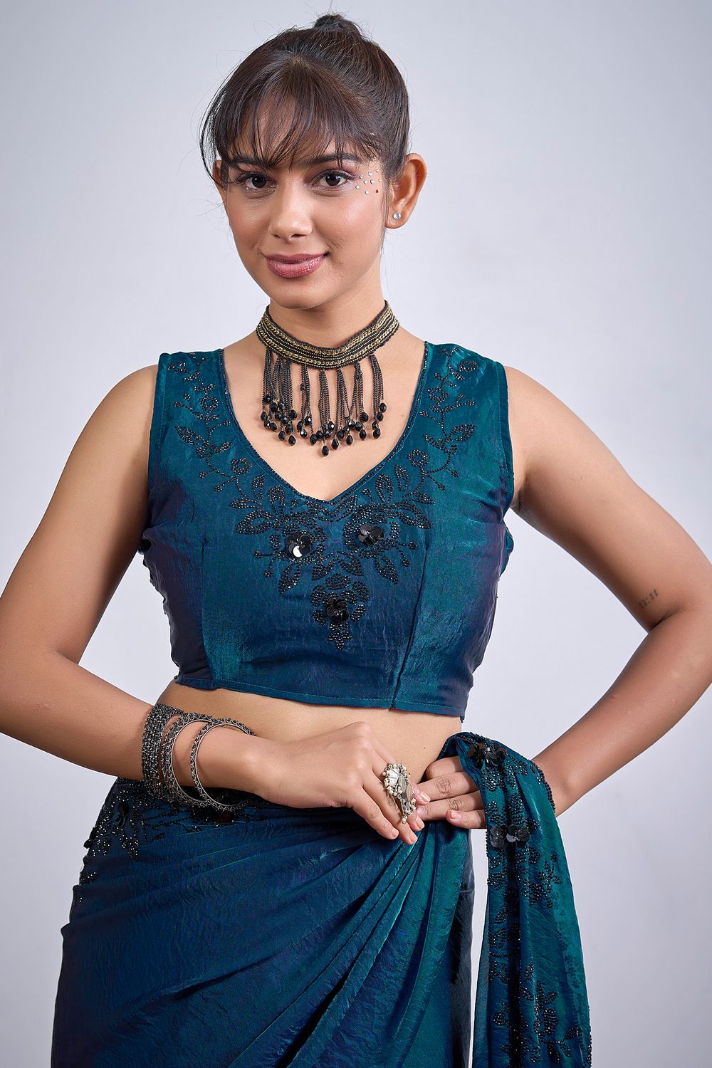 Ida Teal Blue Satin Silk Embellished Ready to Wear Saree