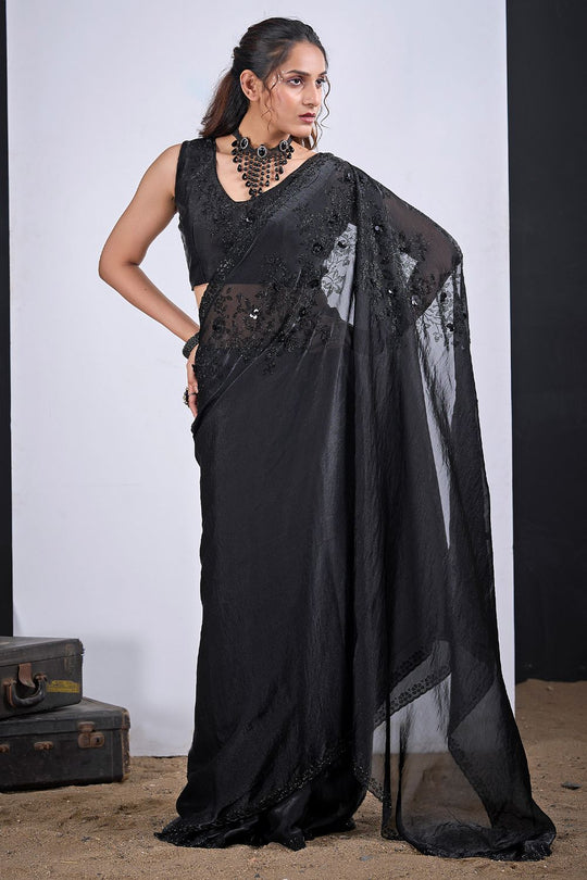 Demi Black Satin Silk Embellished Ready to Wear Saree