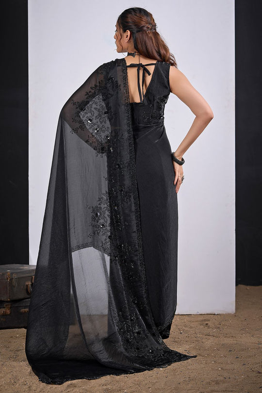 Demi Black Satin Silk Embellished Ready to Wear Saree