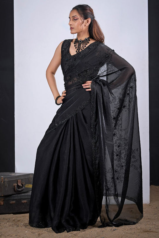 Demi Black Satin Silk Embellished Ready to Wear Saree