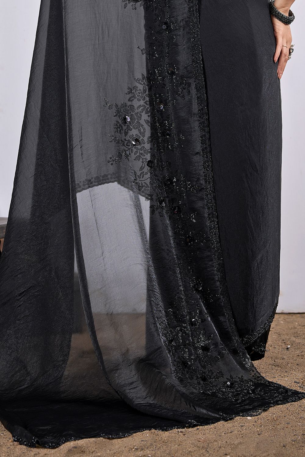 Demi Black Satin Silk Embellished Ready to Wear Saree
