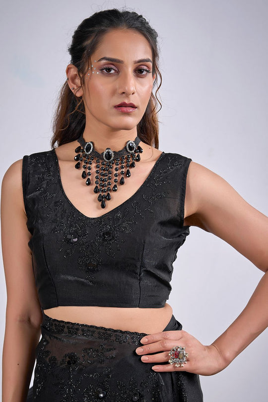 Demi Black Satin Silk Embellished Ready to Wear Saree