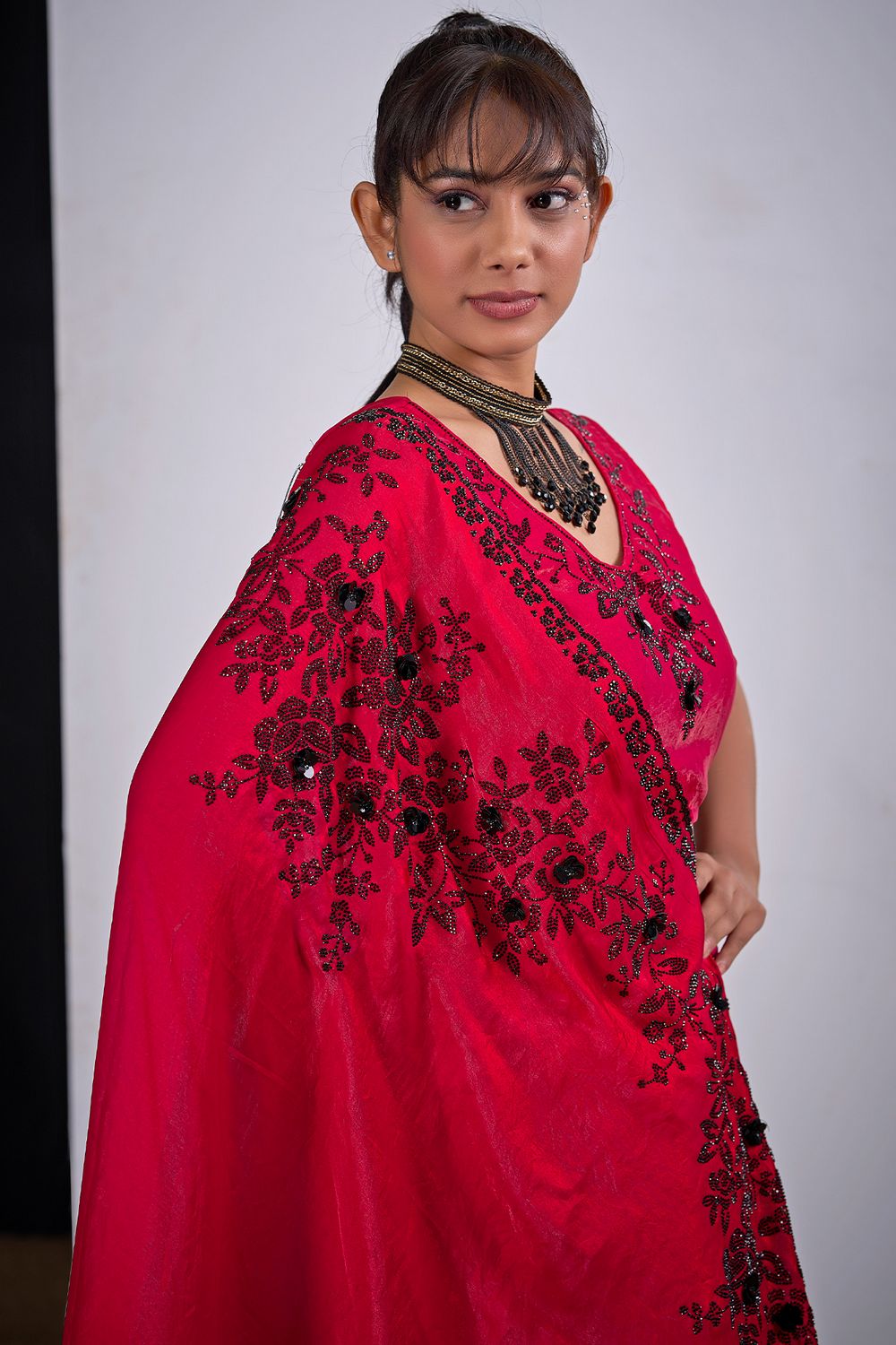 Ida Pink Satin Silk Embellished Ready to Wear Saree