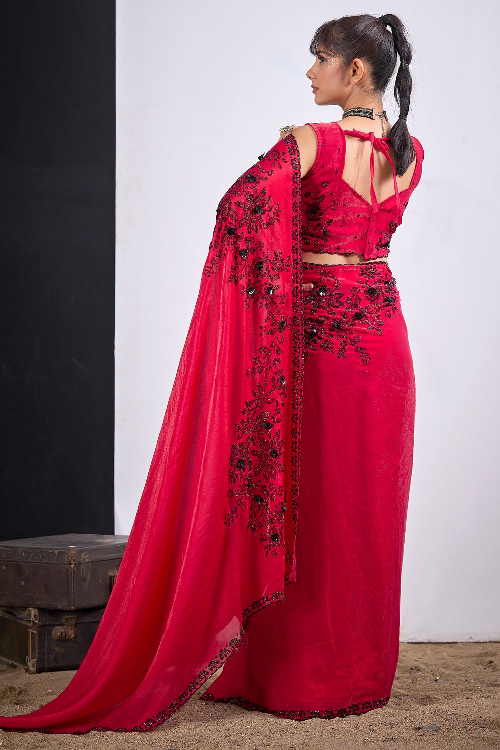 Ida Pink Satin Silk Embellished Ready to Wear Saree