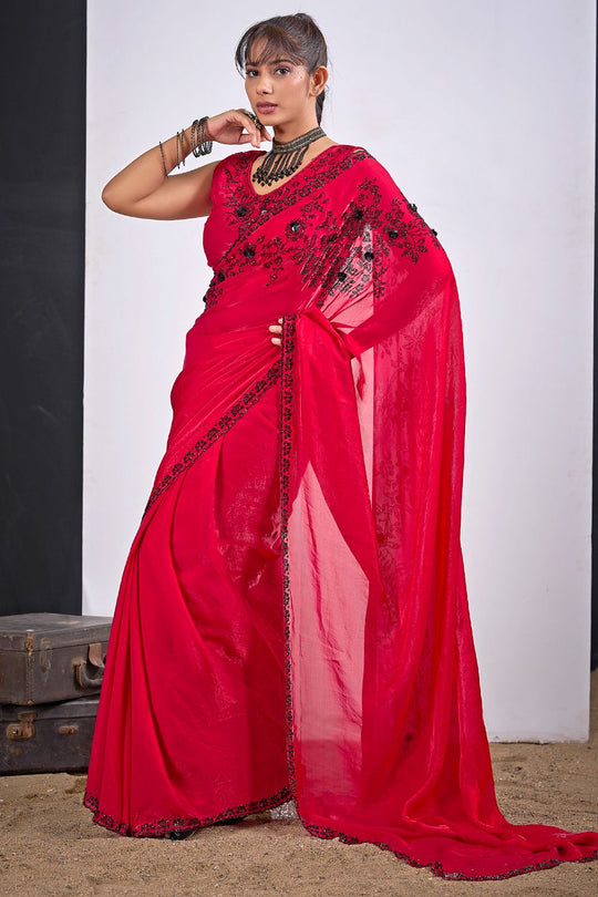 Ida Pink Satin Silk Embellished Ready to Wear Saree