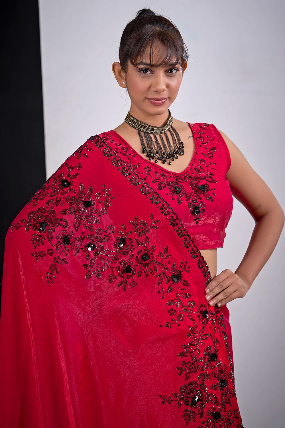Ida Pink Satin Silk Embellished Ready to Wear Saree