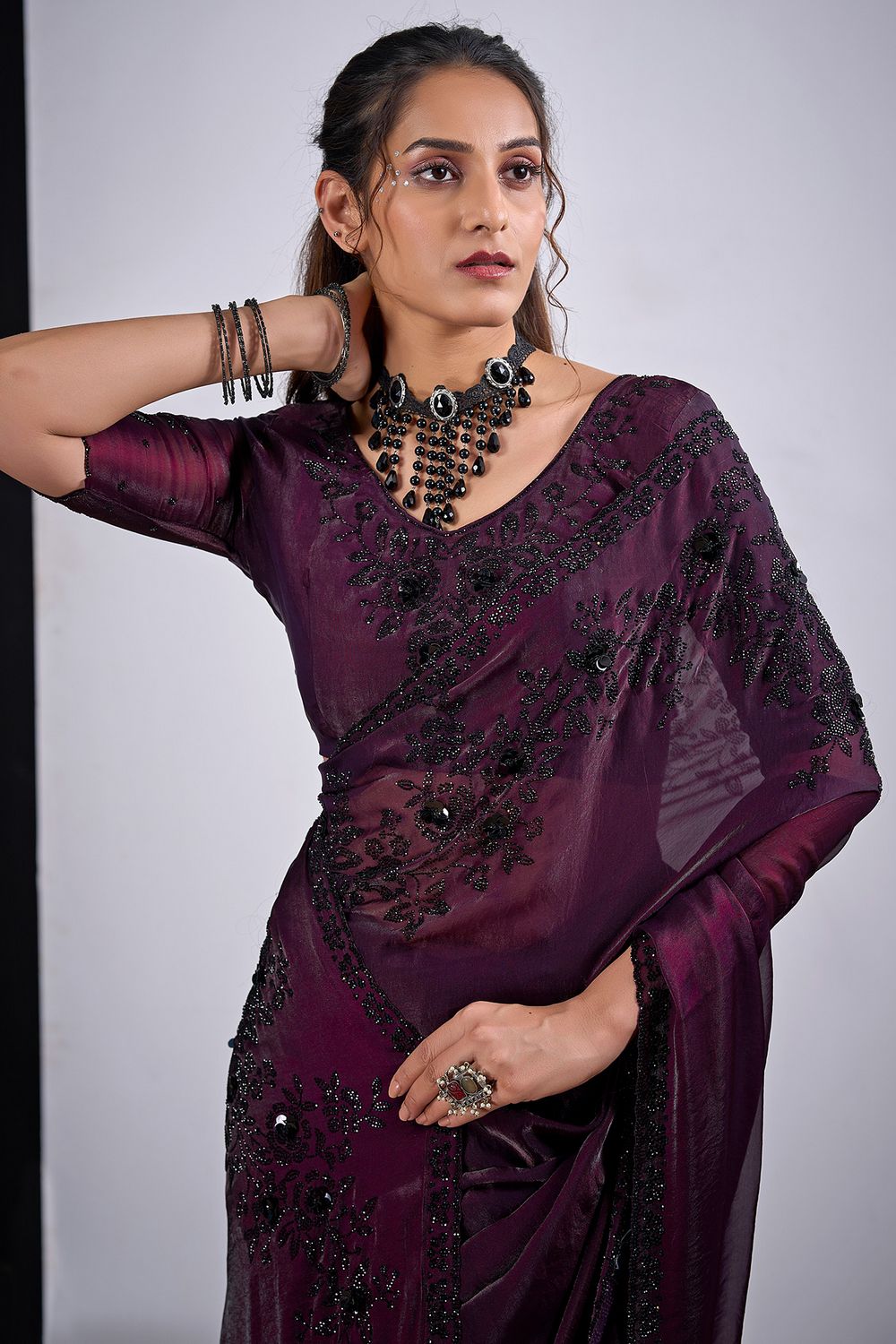 Demi Wine Satin Silk Embellished Ready to Wear Saree