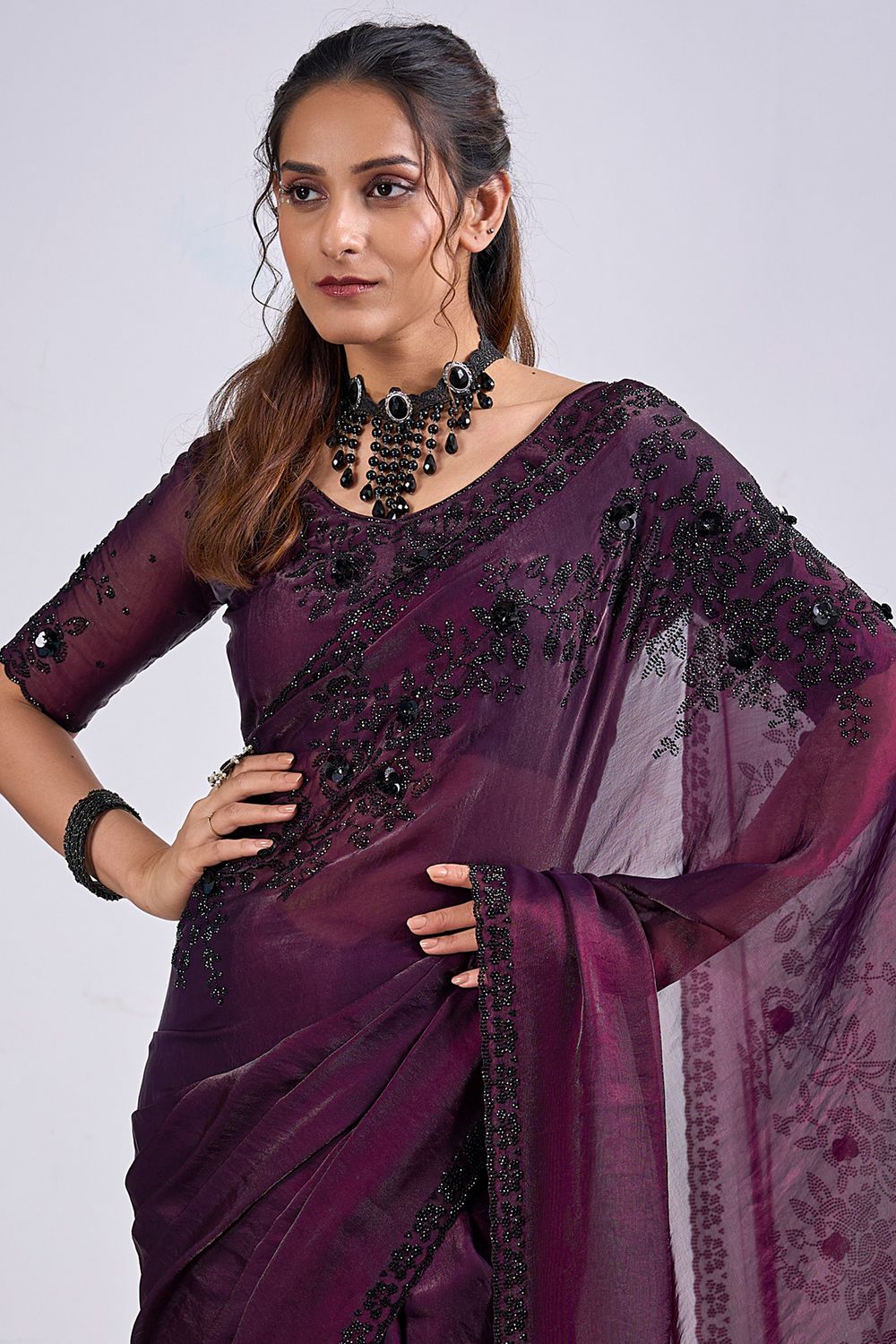 Demi Wine Satin Silk Embellished Ready to Wear Saree