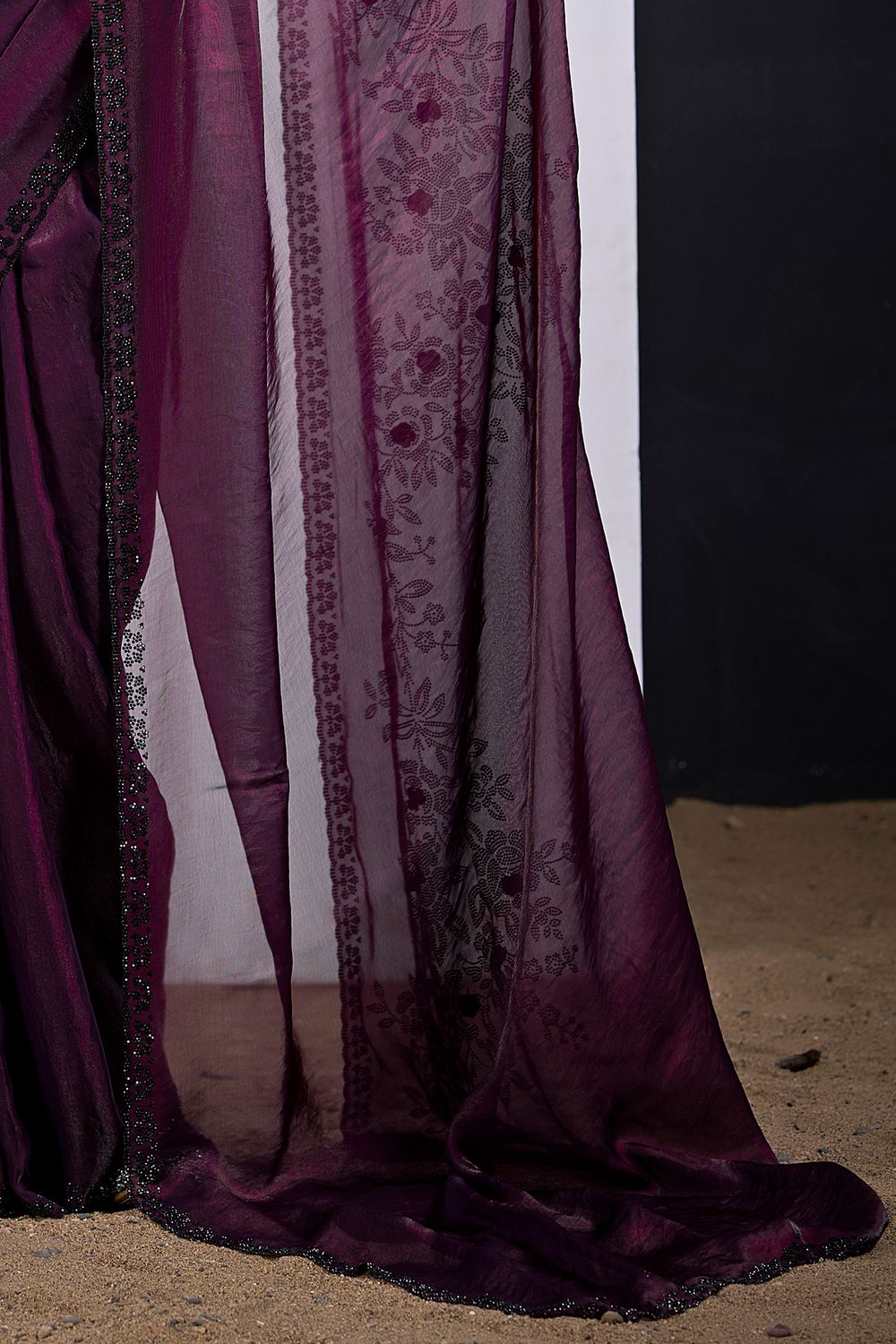 Demi Wine Satin Silk Embellished Ready to Wear Saree