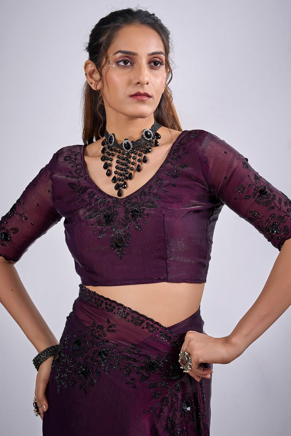 Demi Wine Satin Silk Embellished Ready to Wear Saree