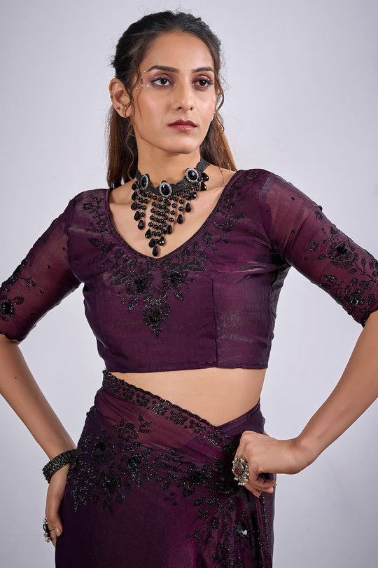 Demi Wine Satin Silk Embellished Ready to Wear Saree