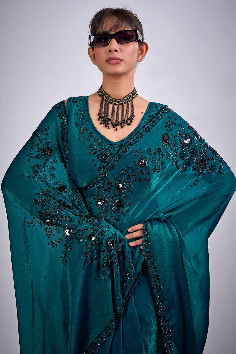 Ida Teal Green Satin Silk Embellished Ready to Wear Saree