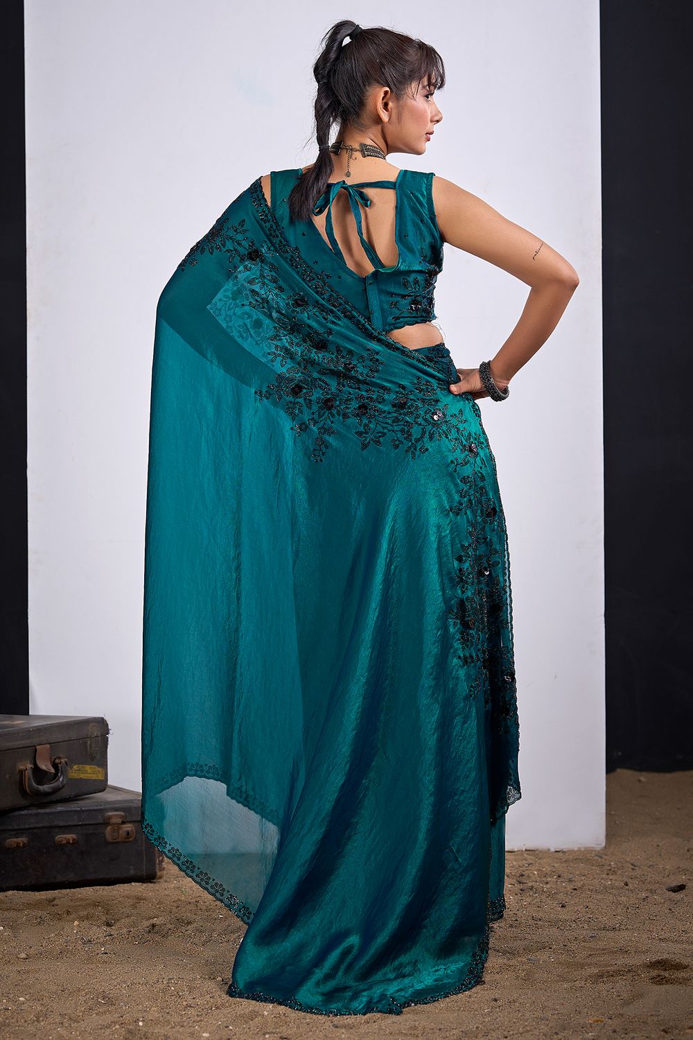 Ida Teal Green Satin Silk Embellished Ready to Wear Saree