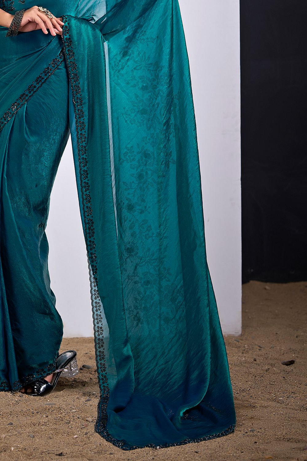 Ida Teal Green Satin Silk Embellished Ready to Wear Saree