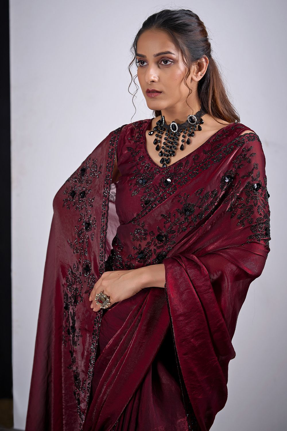 Demi Maroon Satin Silk Embellished Border work Ready to Wear Saree