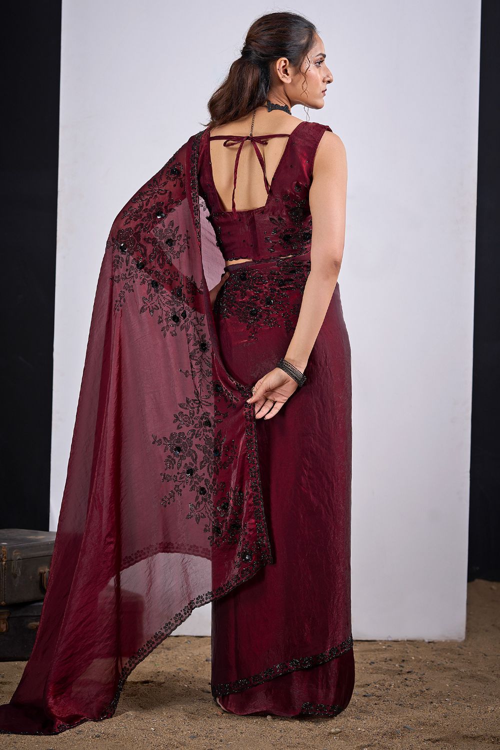 Demi Maroon Satin Silk Embellished Border work Ready to Wear Saree