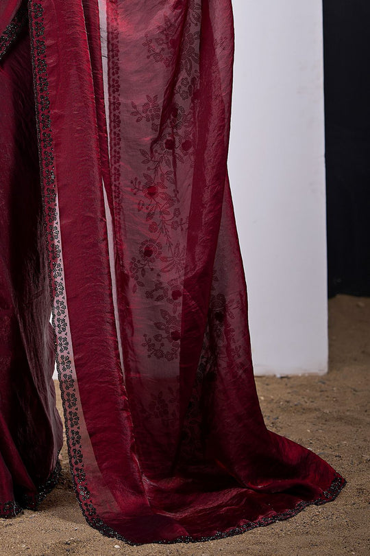 Demi Maroon Satin Silk Embellished Border work Ready to Wear Saree