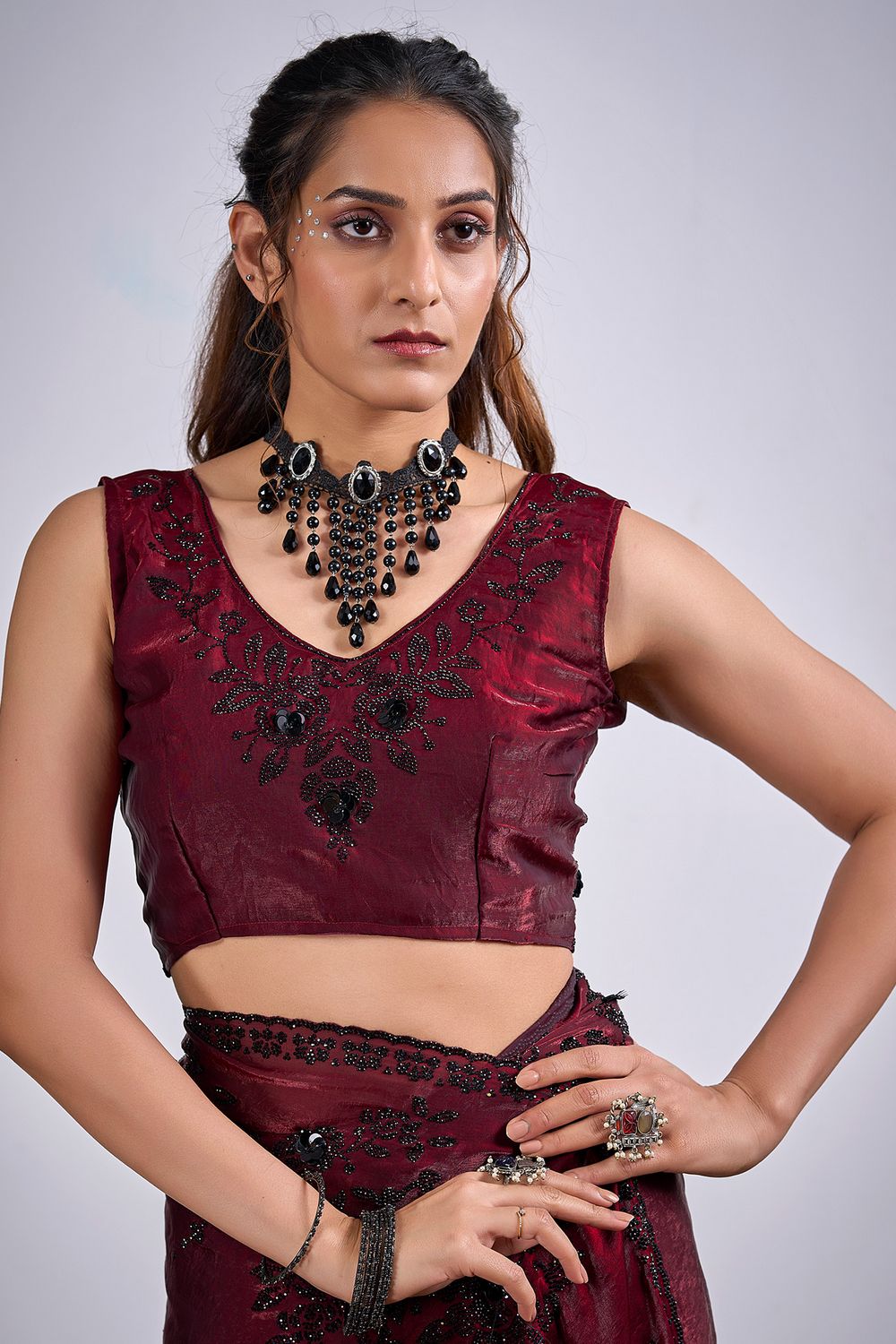 Demi Maroon Satin Silk Embellished Border work Ready to Wear Saree