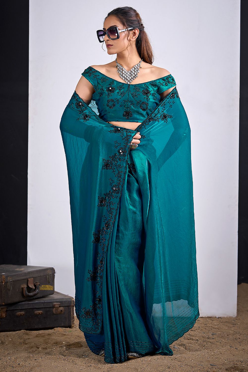 Demi Teal Green Satin Silk Embellished Border Ready to Wear Saree