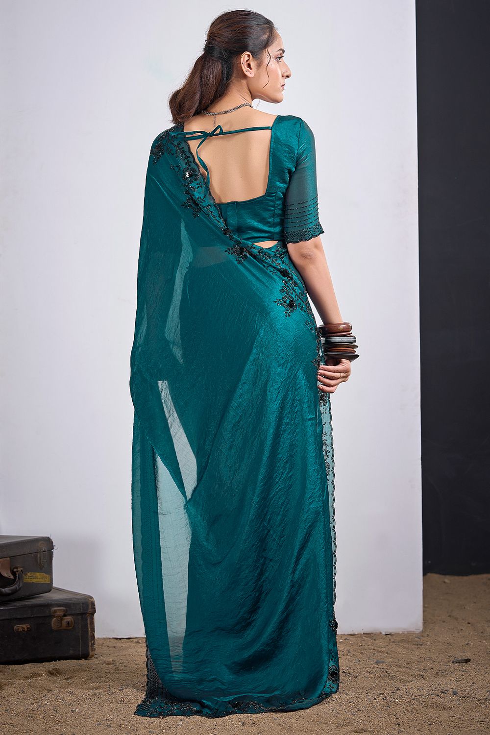 Demi Teal Green Satin Silk Embellished Border Ready to Wear Saree