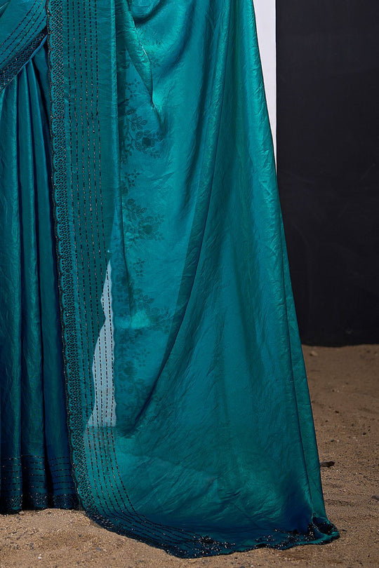 Demi Teal Green Satin Silk Embellished Border Ready to Wear Saree