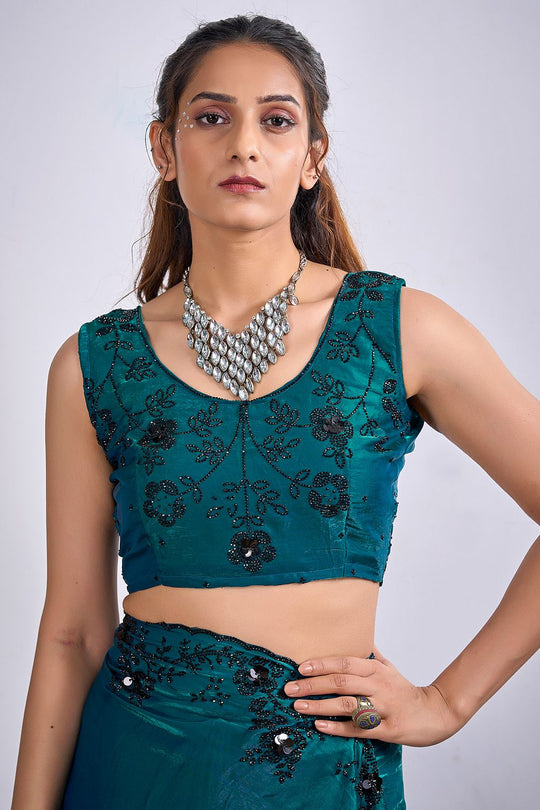 Demi Teal Green Satin Silk Embellished Border Ready to Wear Saree