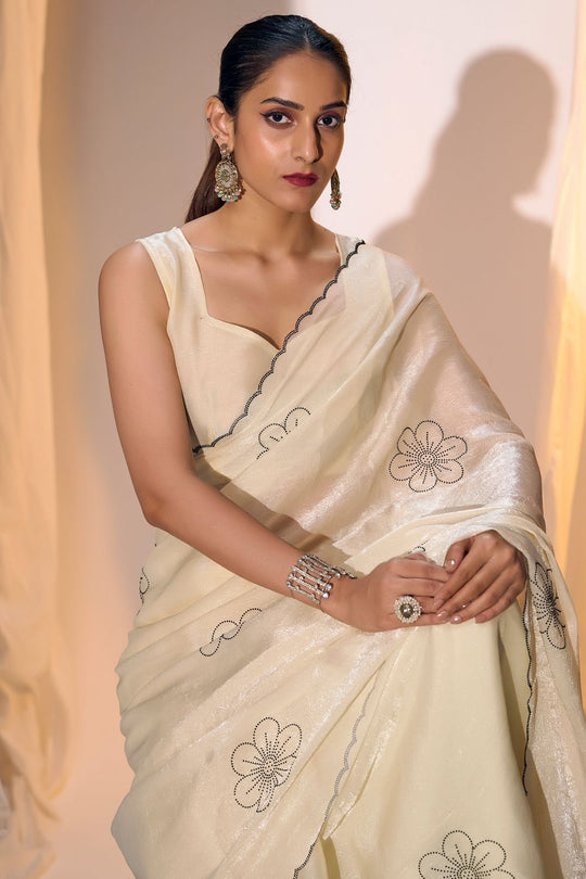 Elisabeth Cream Satin Ready to Wear Saree with Stone Work