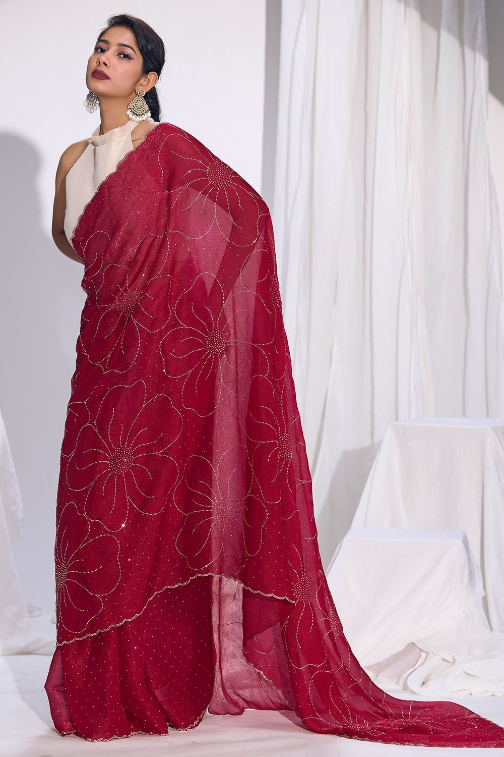 Nitu Pink Satin Silk Saree Sequin Floral Embellished Ready to Wear Saree