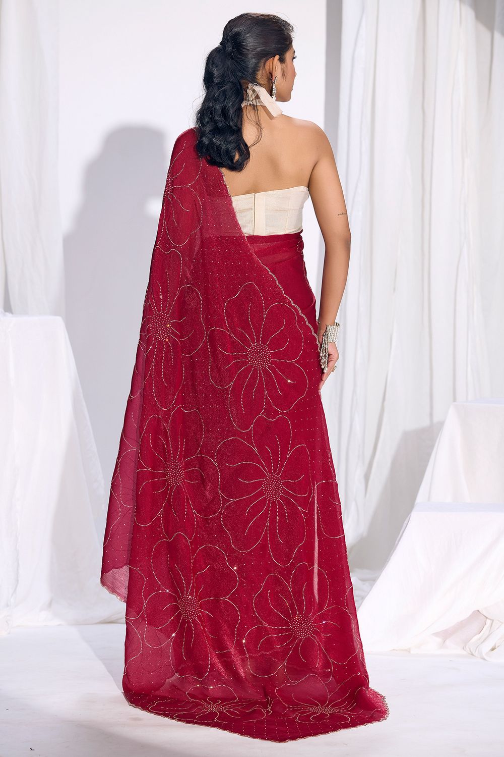 Nitu Pink Satin Silk Saree Sequin Floral Embellished Ready to Wear Saree